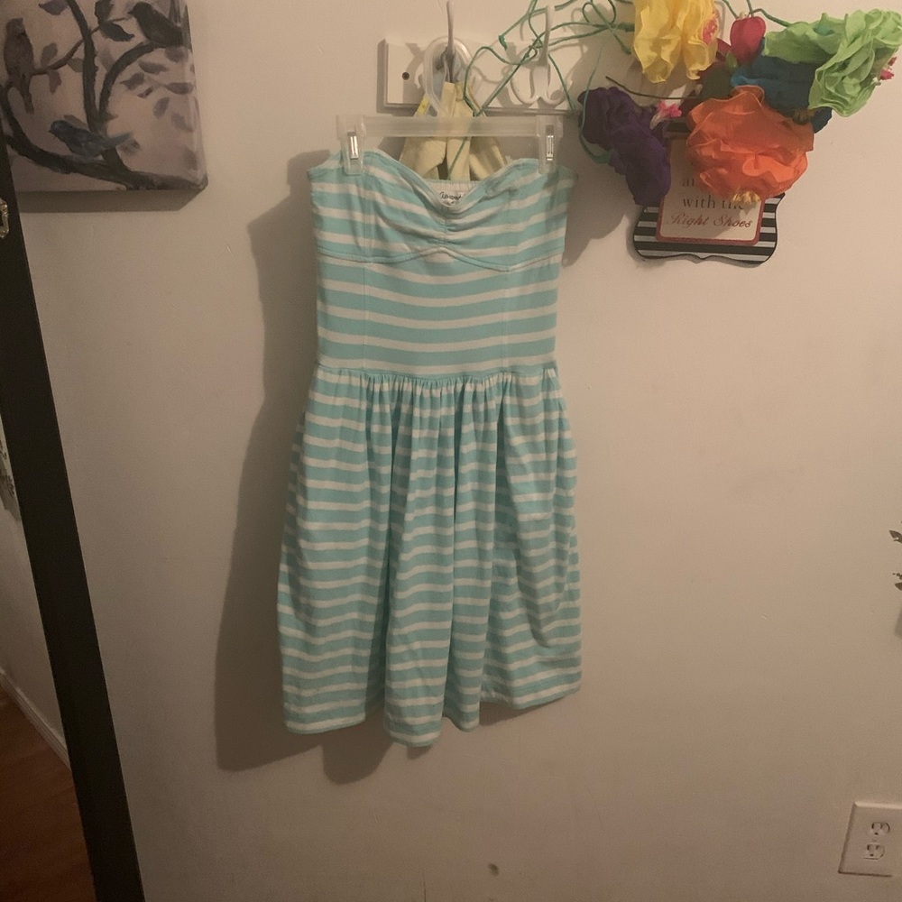 Strapless blue and white striped dress